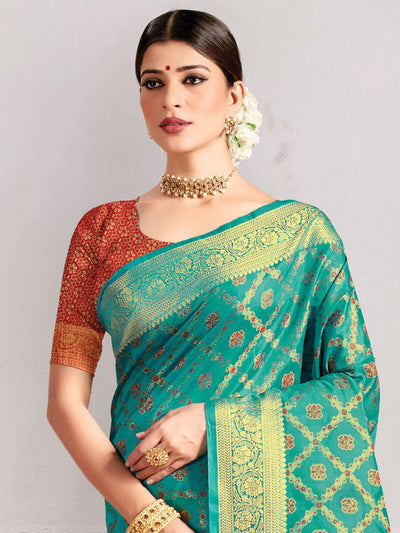 Rama Green Silk Heavy Jari Wevon Designer Saree - Odette