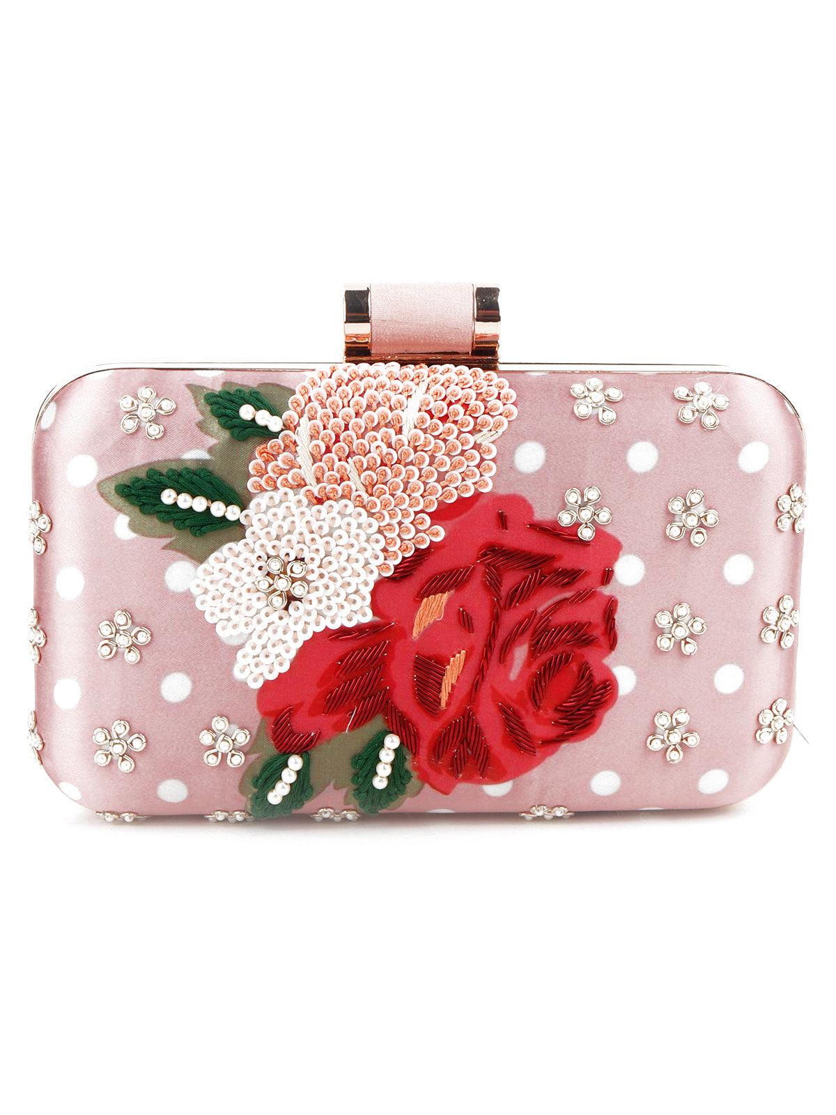 Rectangular Shape Peach Embellished Clutch! - Odette