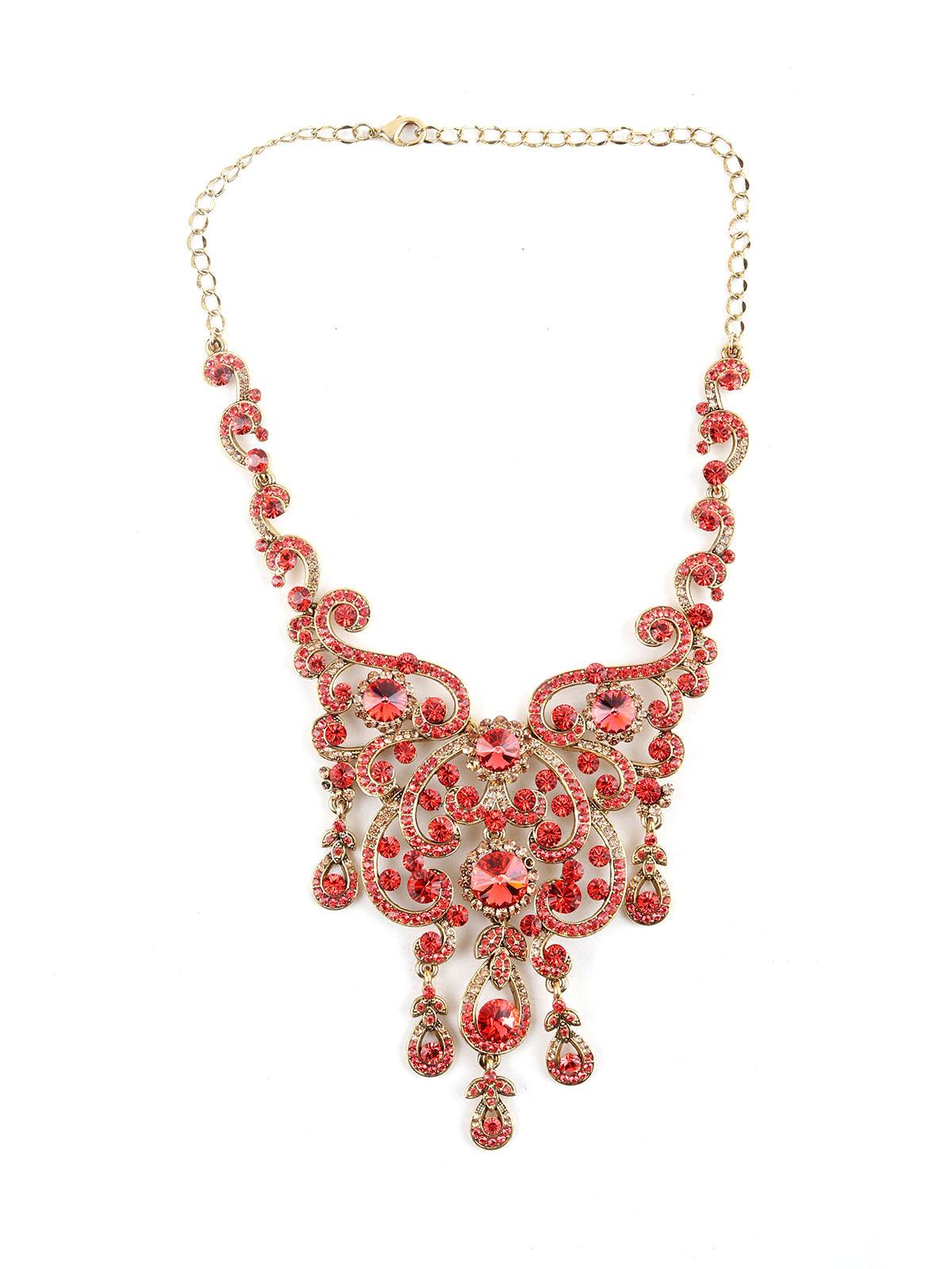 Red And Gold Embellished Chandelier Necklace Set - Odette