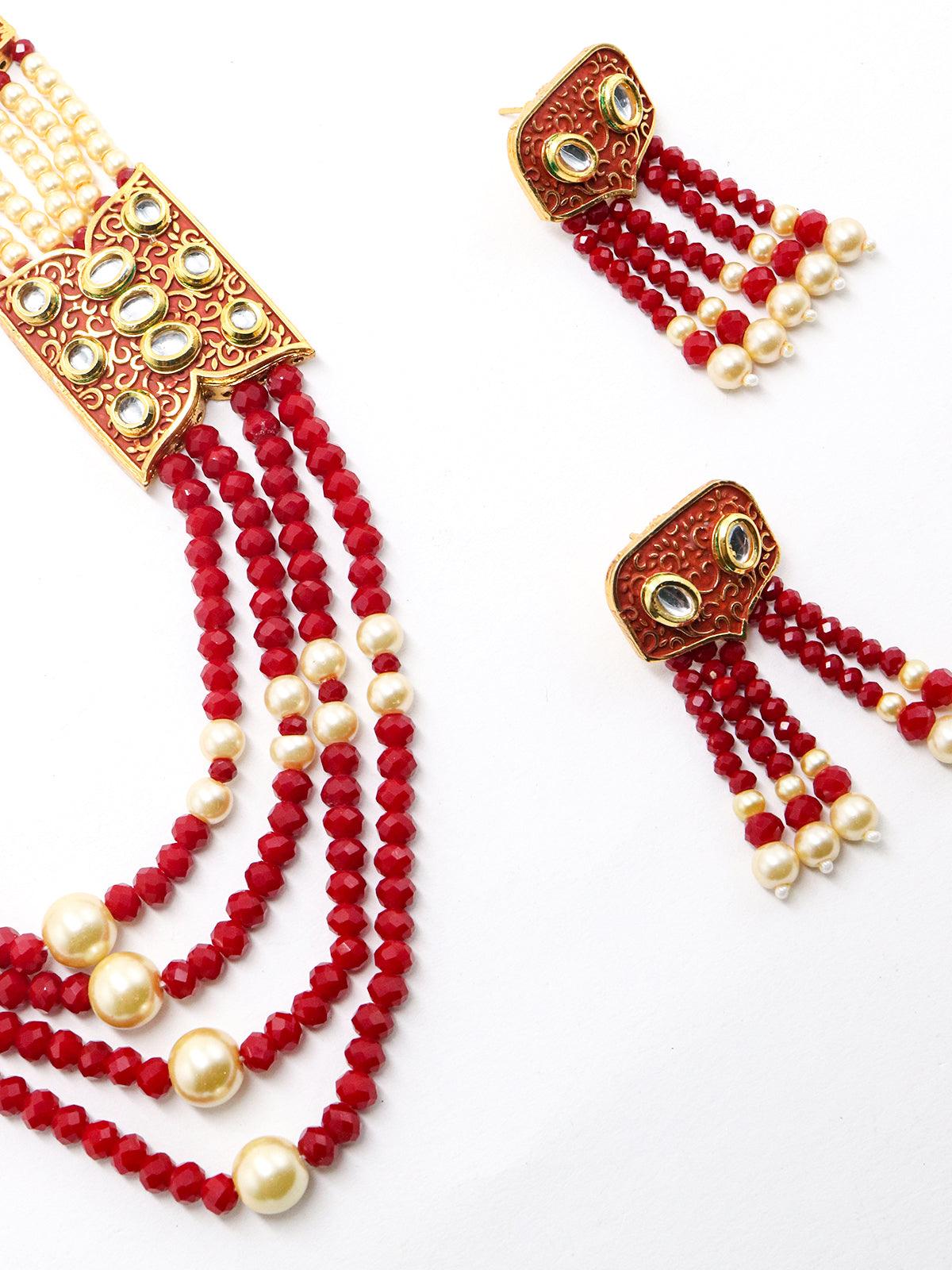 Red and typical pearl necklace with Earrings - Odette