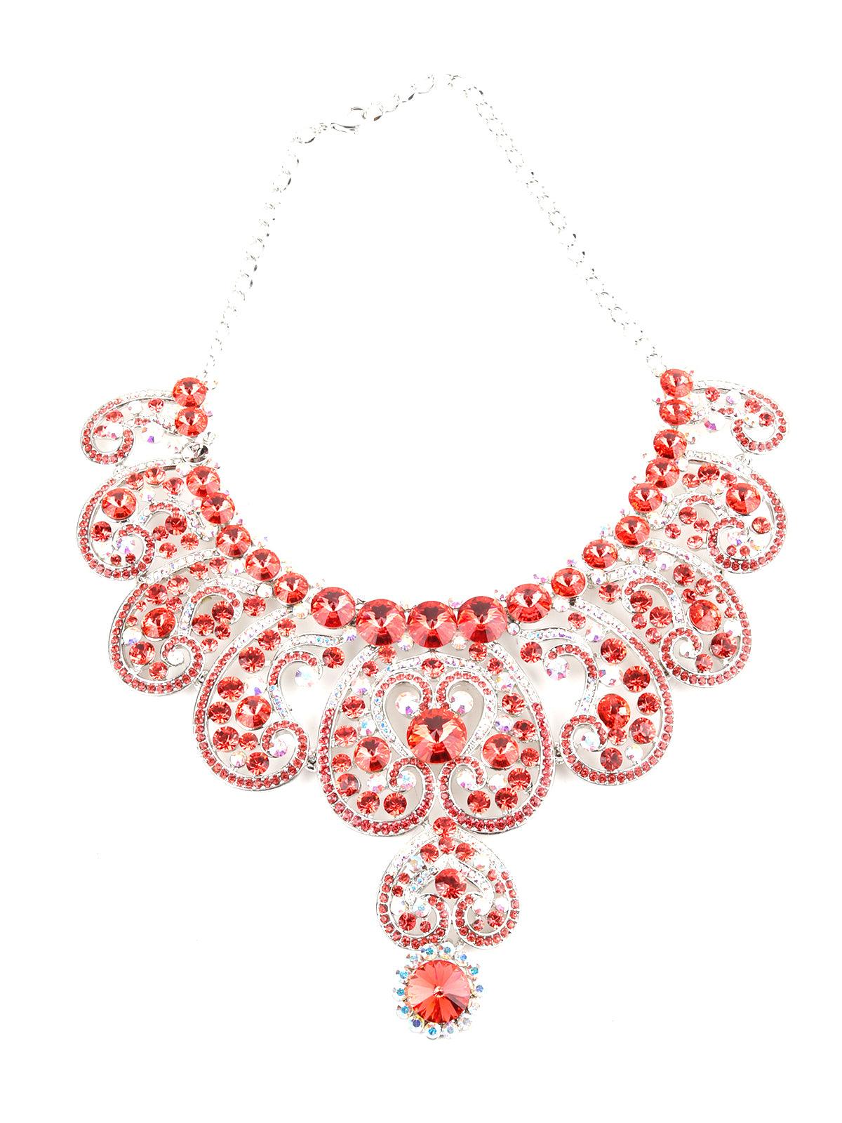Red And White Crystal Floral Necklace Set - Odette