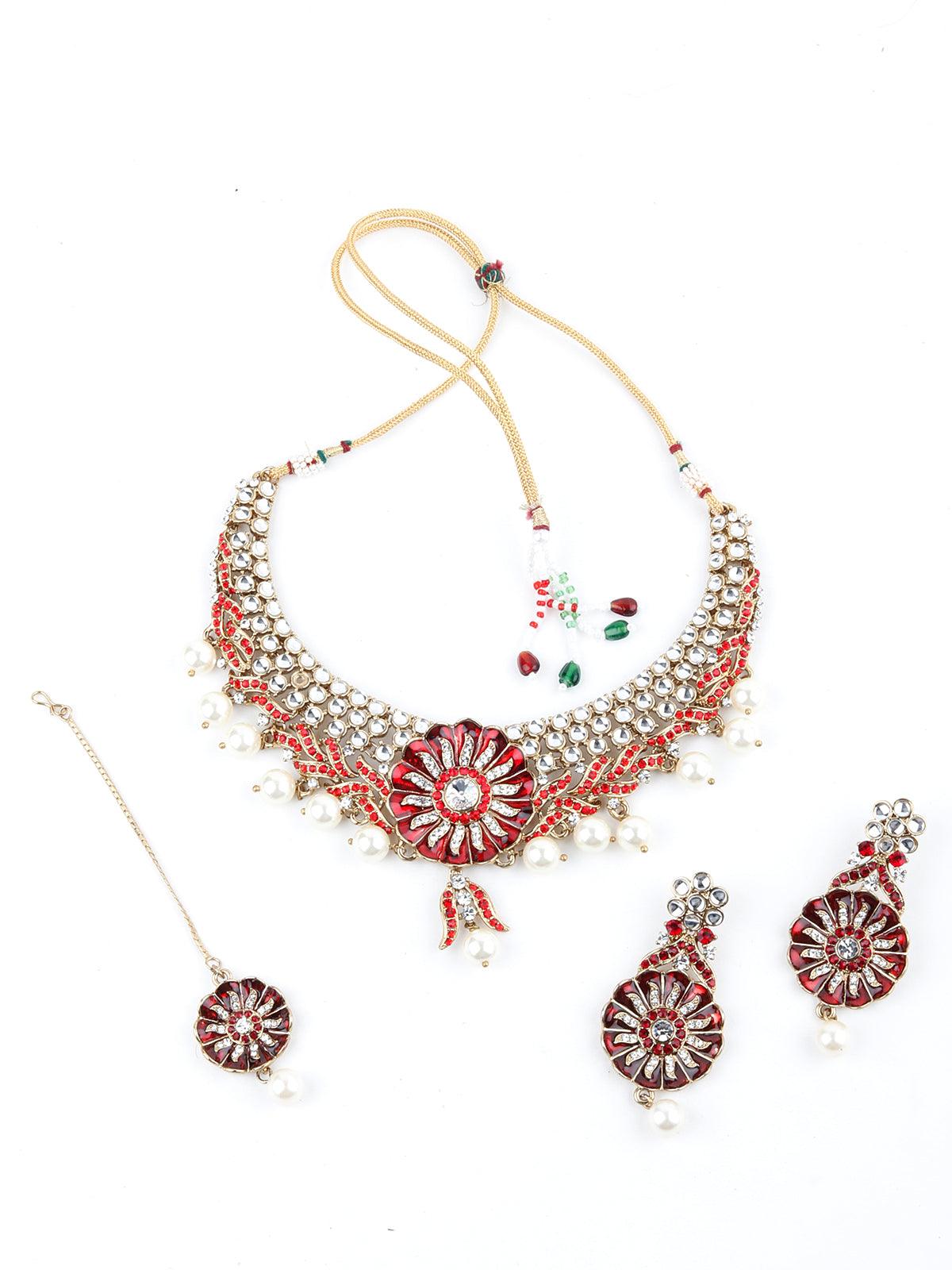 Red And White Floral Kundan Choker Necklace Set - Odette
