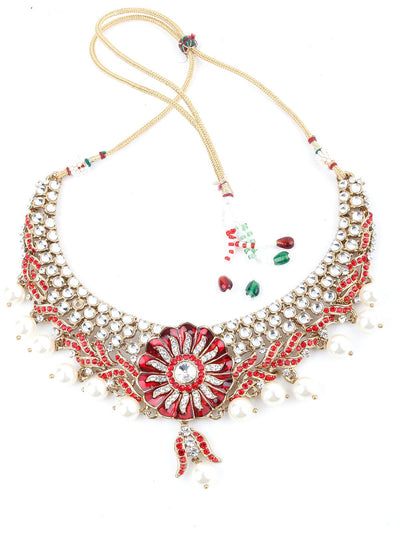 Red And White Floral Kundan Choker Necklace Set - Odette