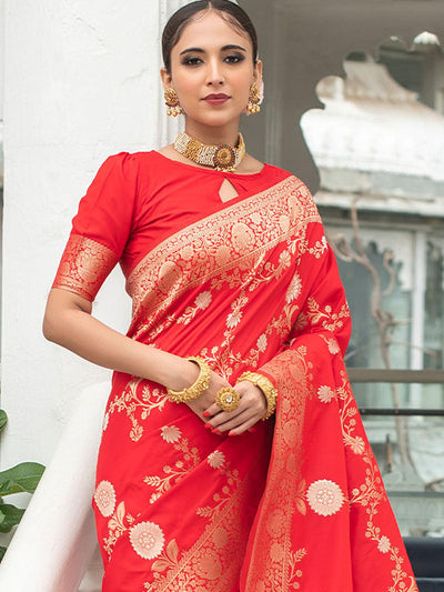 Red Banarasi Silk Exclusive Wevon Designer Saree - Odette