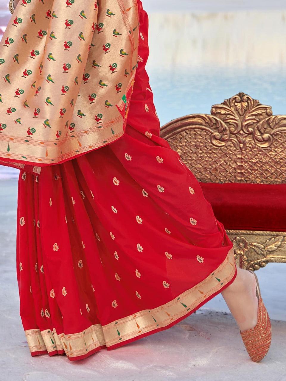 Red Banarasi Soft Silk Woven Design Saree With Blouse Piece - Odette