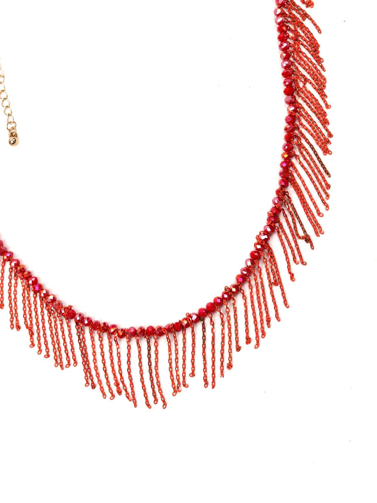 Red beaded necklace with fringes design detailing - Odette