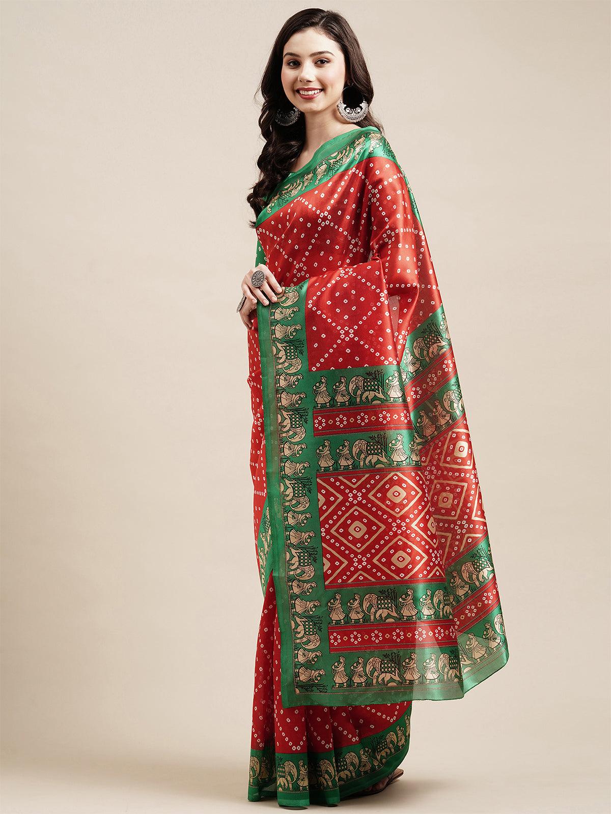 Red Casual Art silk Printed Saree With Unstitched Blouse - Odette