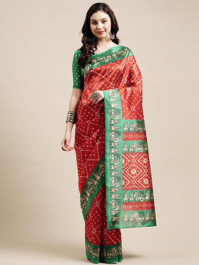 Red Casual Art silk Printed Saree With Unstitched Blouse - Odette