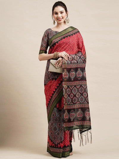 Red Casual Linen Blend Printed Saree With Unstitched Blouse - Odette