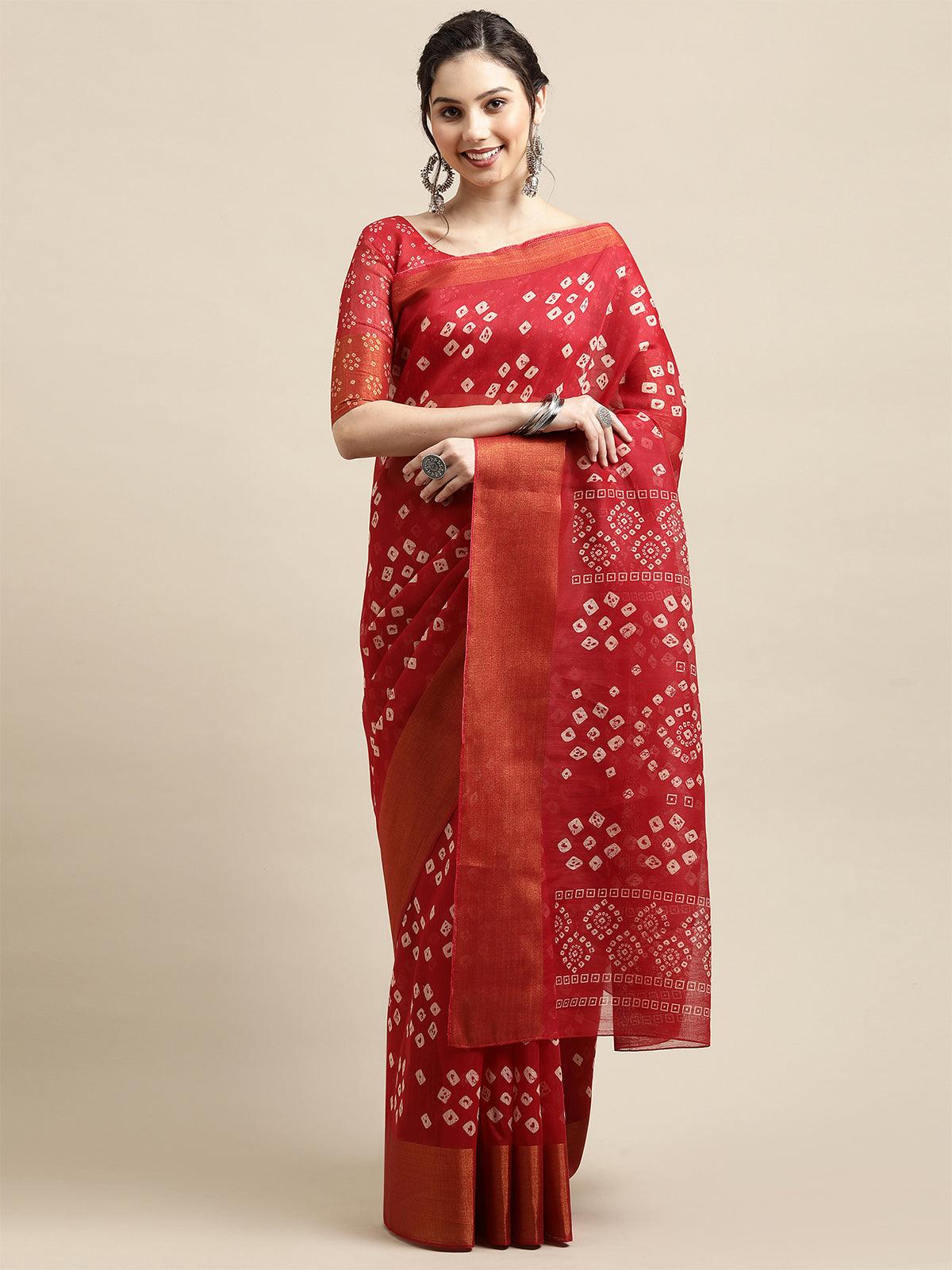 Red Casual Semi Linen Printed Saree With Unstitched Blouse - Odette