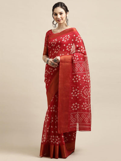 Red Casual Semi Linen Printed Saree With Unstitched Blouse - Odette