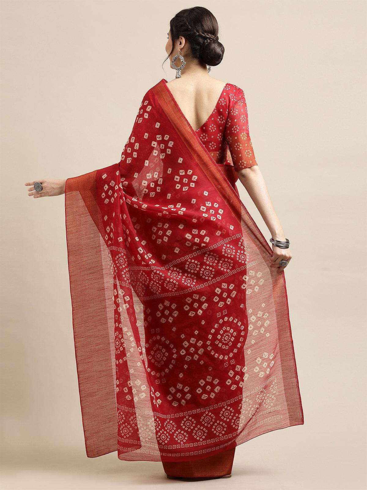 Red Casual Semi Linen Printed Saree With Unstitched Blouse - Odette