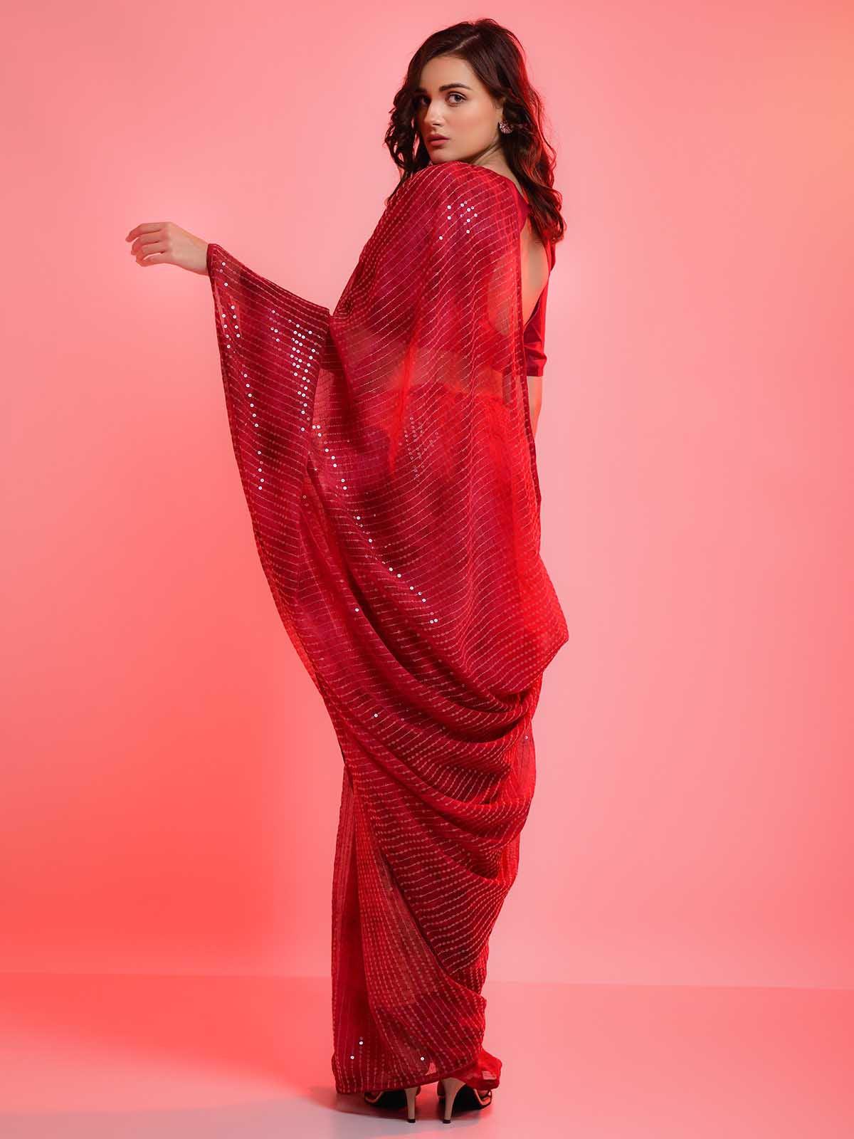 Red Chiffon With Sequence Work Sequence Saree - Odette