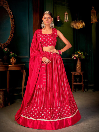 Red Chinon Designer Sequenced Multi Embroidery Lehenga - Odette