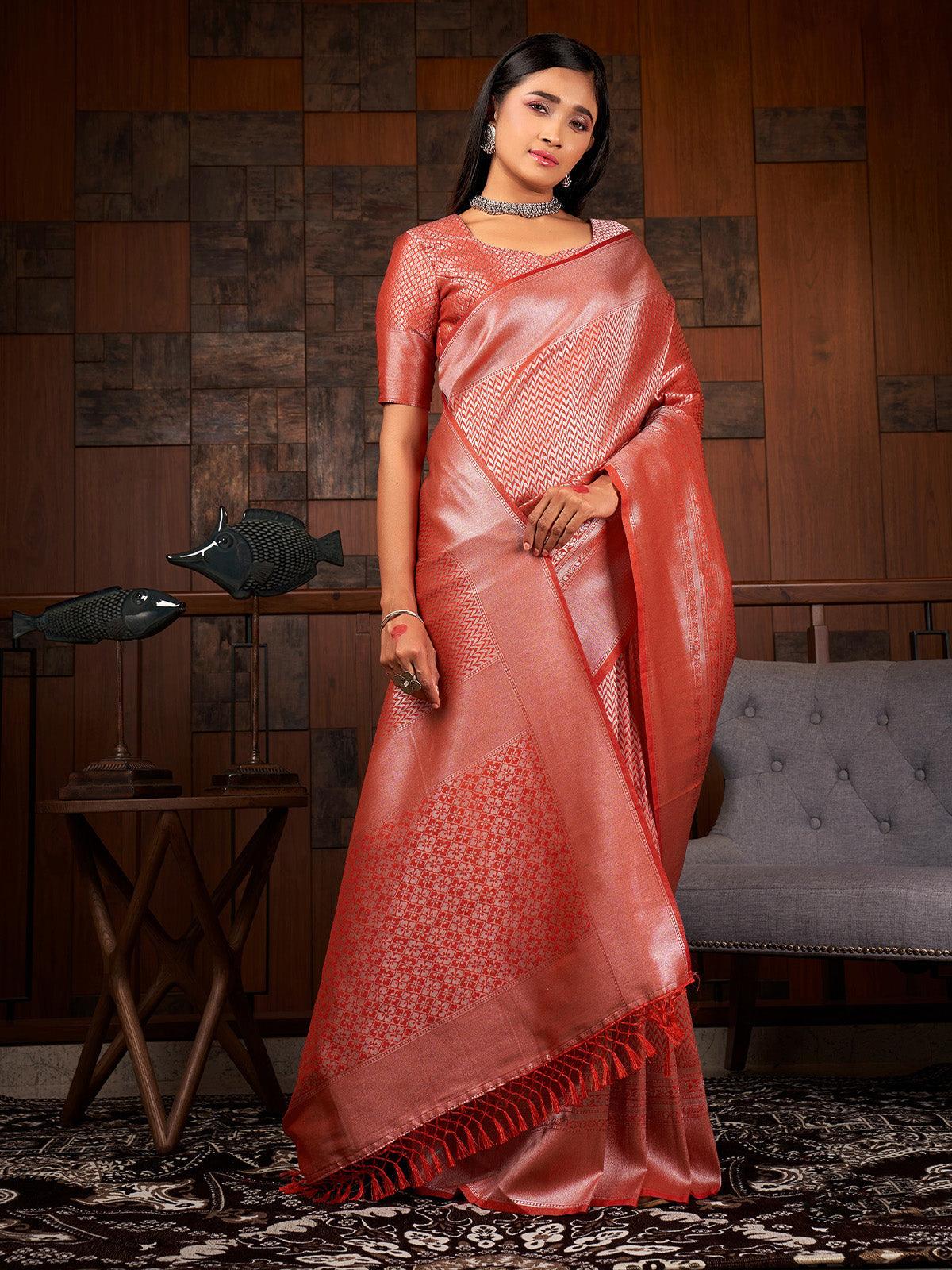 Red Color Traditional Wear Raw Silk Saree - Odette