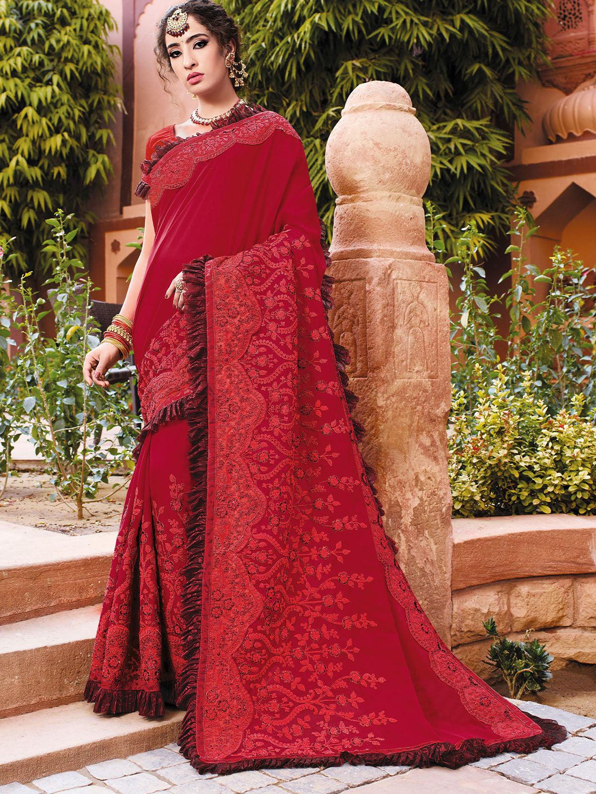 Buy Red Vichitra Silk Solid Saree With Blouse Piece Online. – Odette