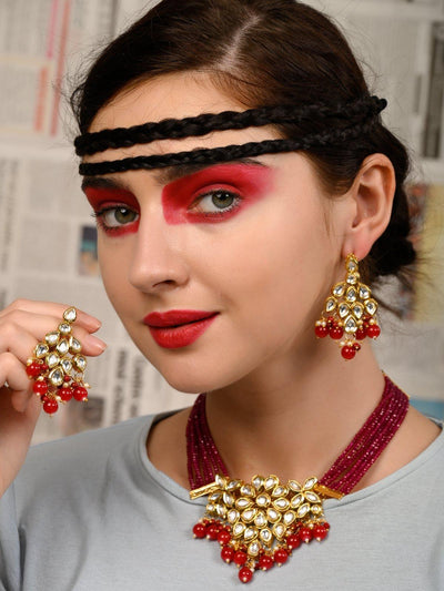 Red Elegant Kundan Necklace Set - Odette
