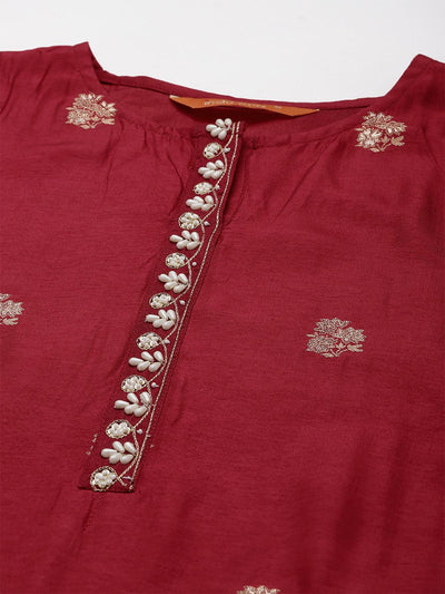 Red Embroidered Straight Kurta Skirt With Dupatta Set - Odette