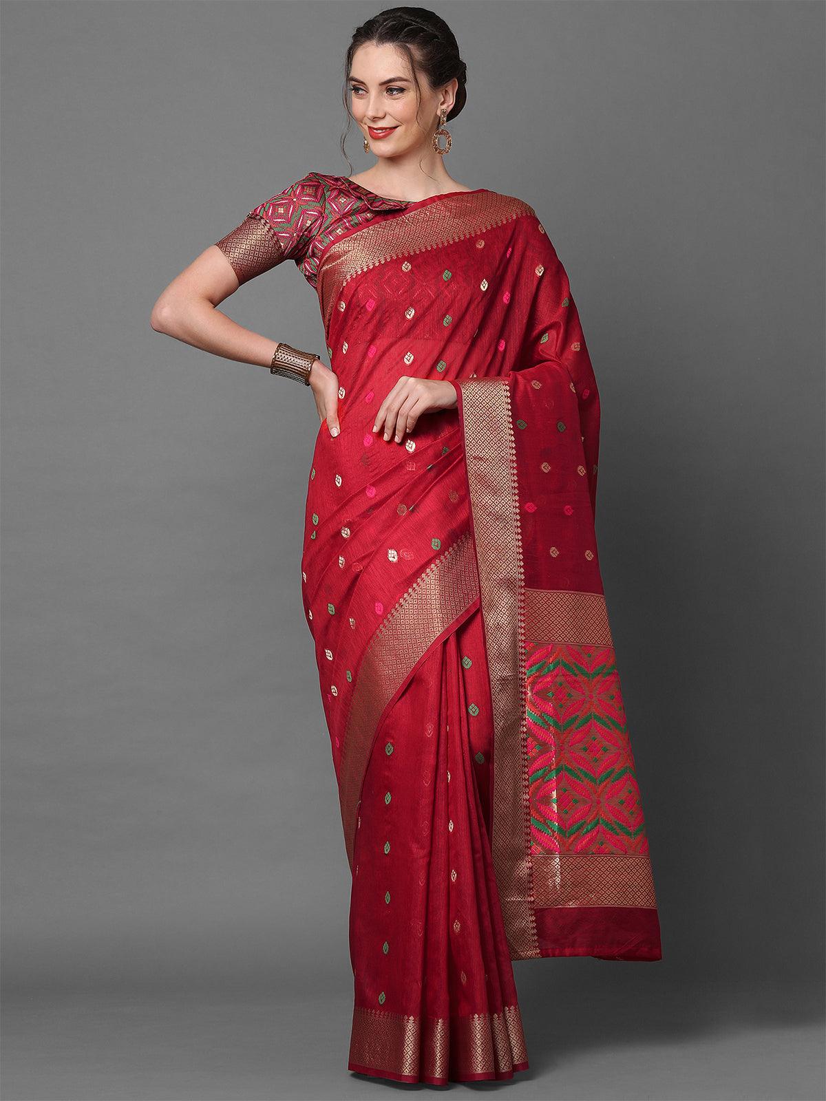 red Festive Cotton Blend Woven Design Saree With Unstitched Blouse - Odette