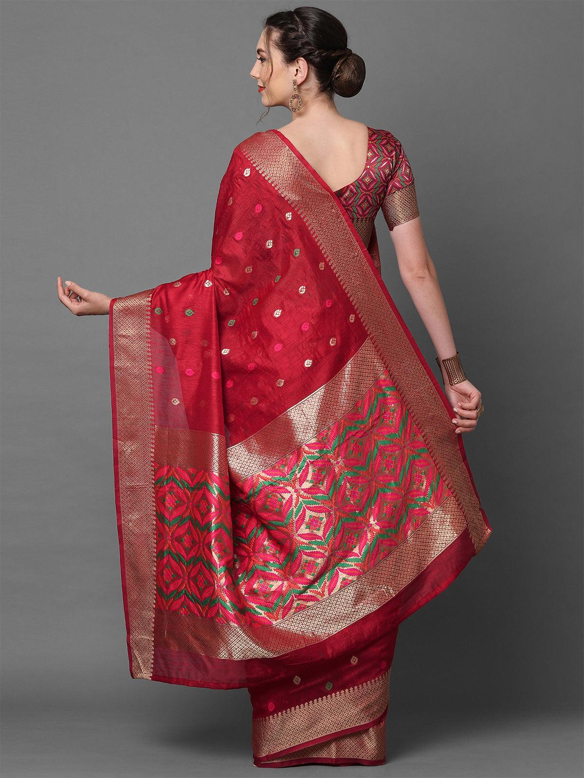 red Festive Cotton Blend Woven Design Saree With Unstitched Blouse - Odette