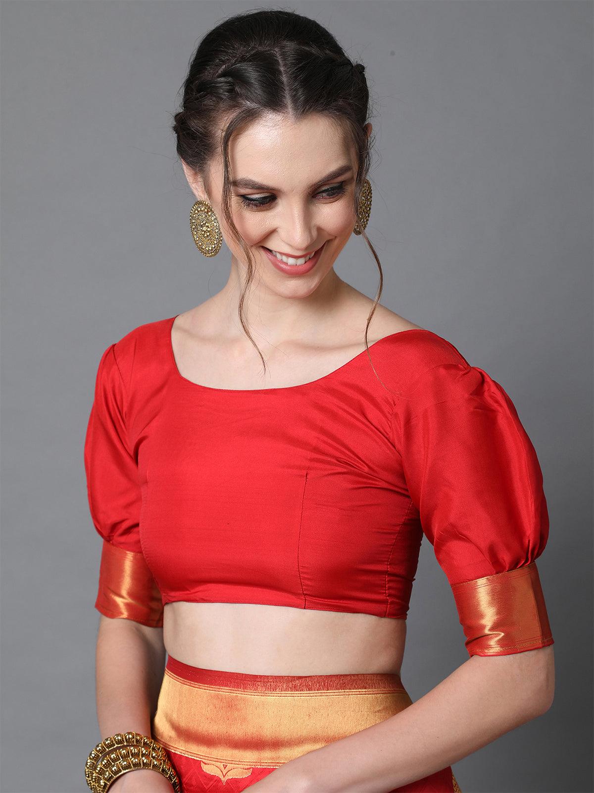 red Festive Kanjivaram silk Woven Design Saree With Unstitched Blouse - Odette