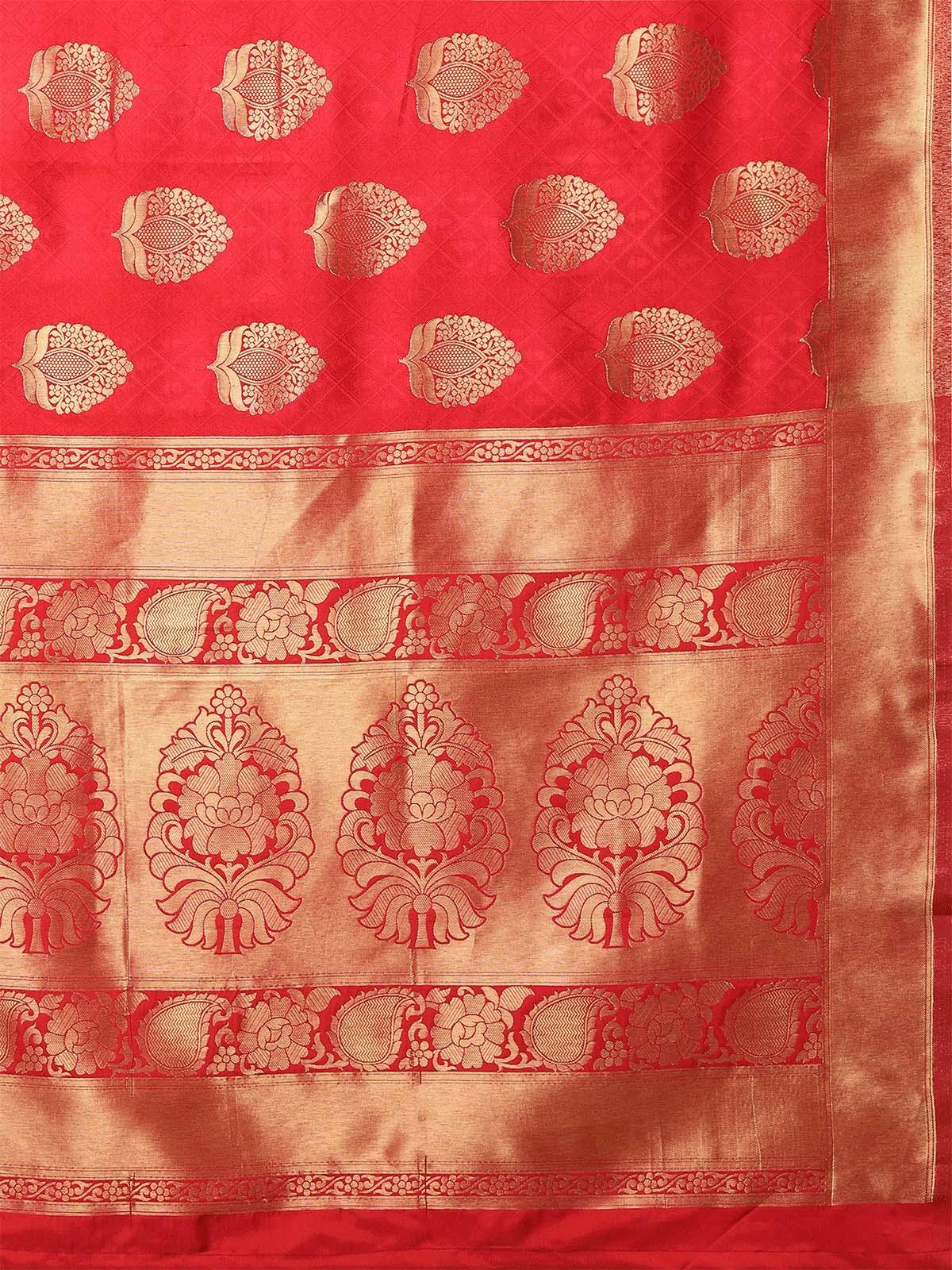 red Festive Kanjivaram silk Woven Design Saree With Unstitched Blouse - Odette