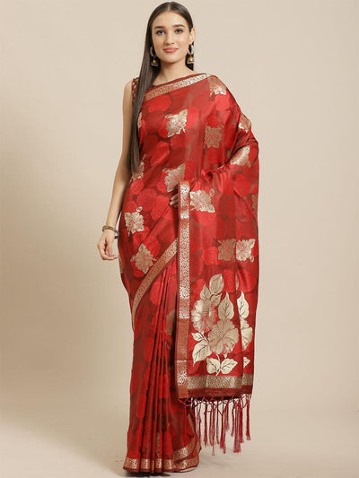 Red Festive Pure Satin Woven Saree With Unstitched Blouse - Odette