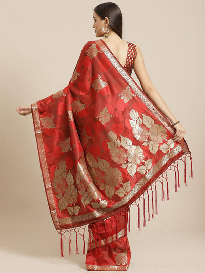 Red Festive Pure Satin Woven Saree With Unstitched Blouse - Odette