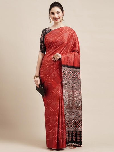 Red Festive Silk Blend Printed Saree With Unstitched Blouse - Odette