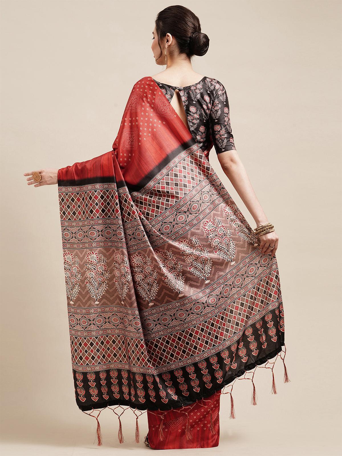 Red Festive Silk Blend Printed Saree With Unstitched Blouse - Odette