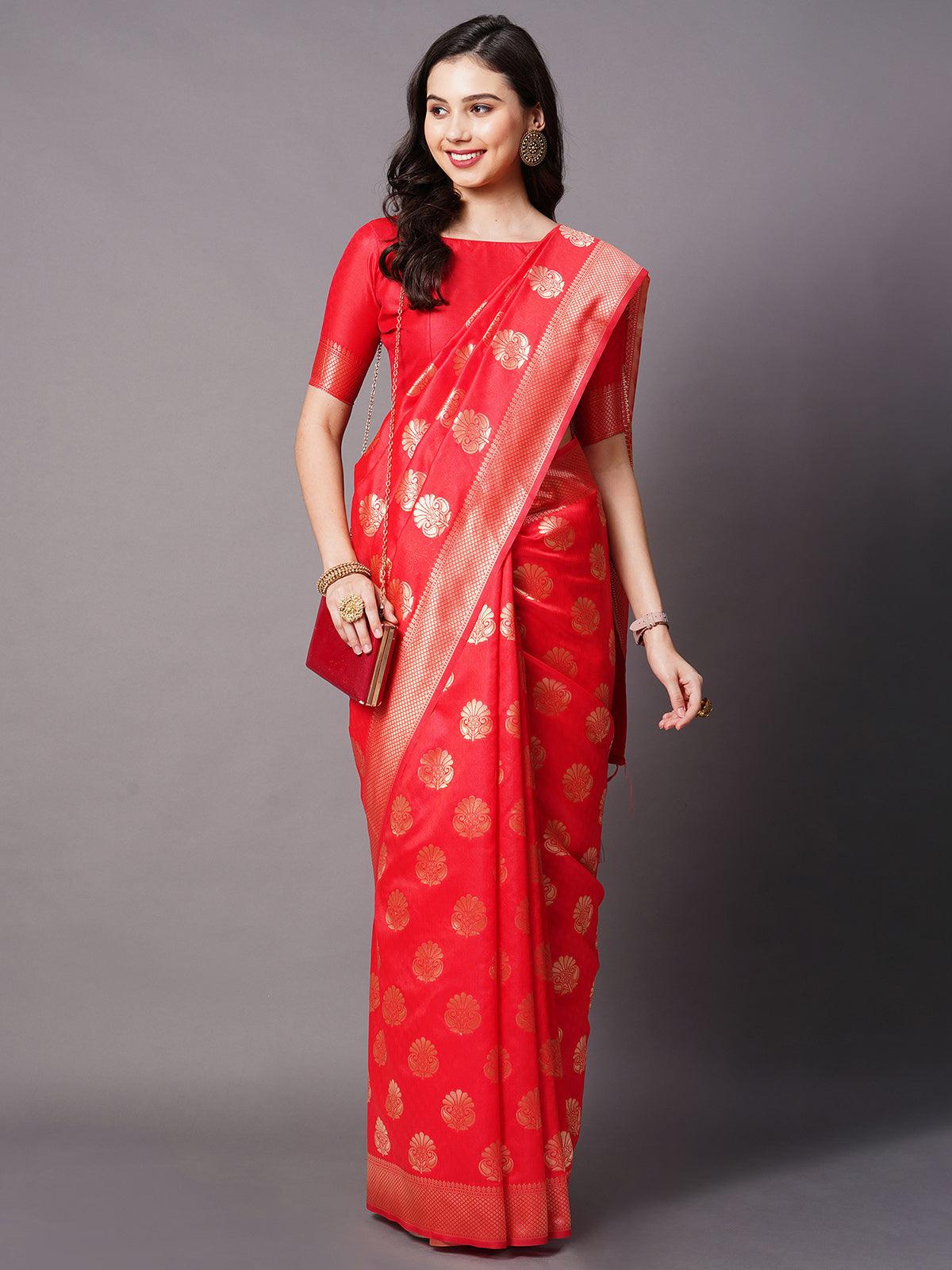 Red Festive Silk Blend Woven Design Saree With Unstitched Blouse - Odette