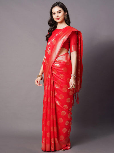 Red Festive Silk Blend Woven Design Saree With Unstitched Blouse - Odette