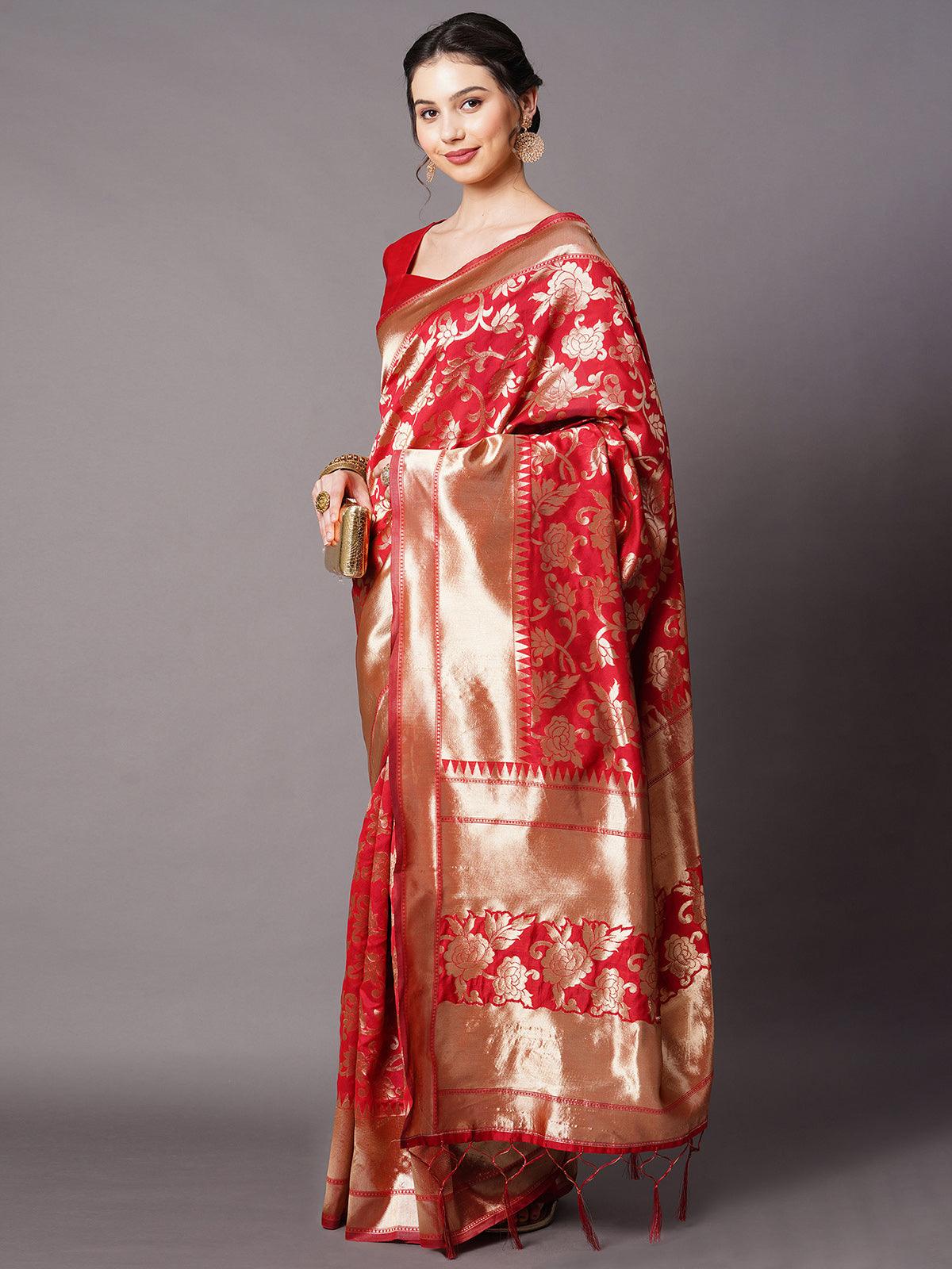 Red Festive Silk Blend Woven Design Saree With Unstitched Blouse - Odette
