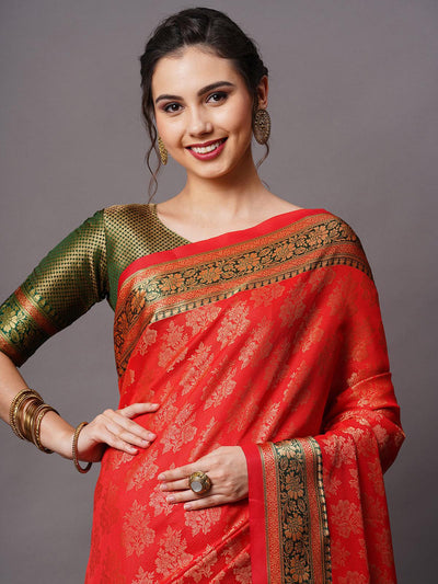 Red Festive Silk Blend Woven Design Saree With Unstitched Blouse - Odette
