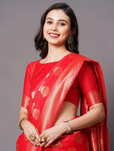 Red Festive Silk Blend Woven Design Saree With Unstitched Blouse - Odette