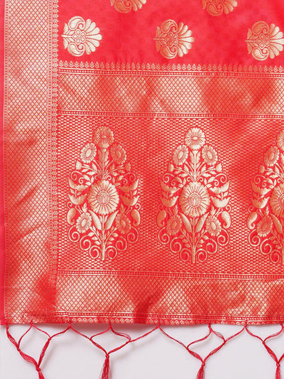 Red Festive Silk Blend Woven Design Saree With Unstitched Blouse - Odette