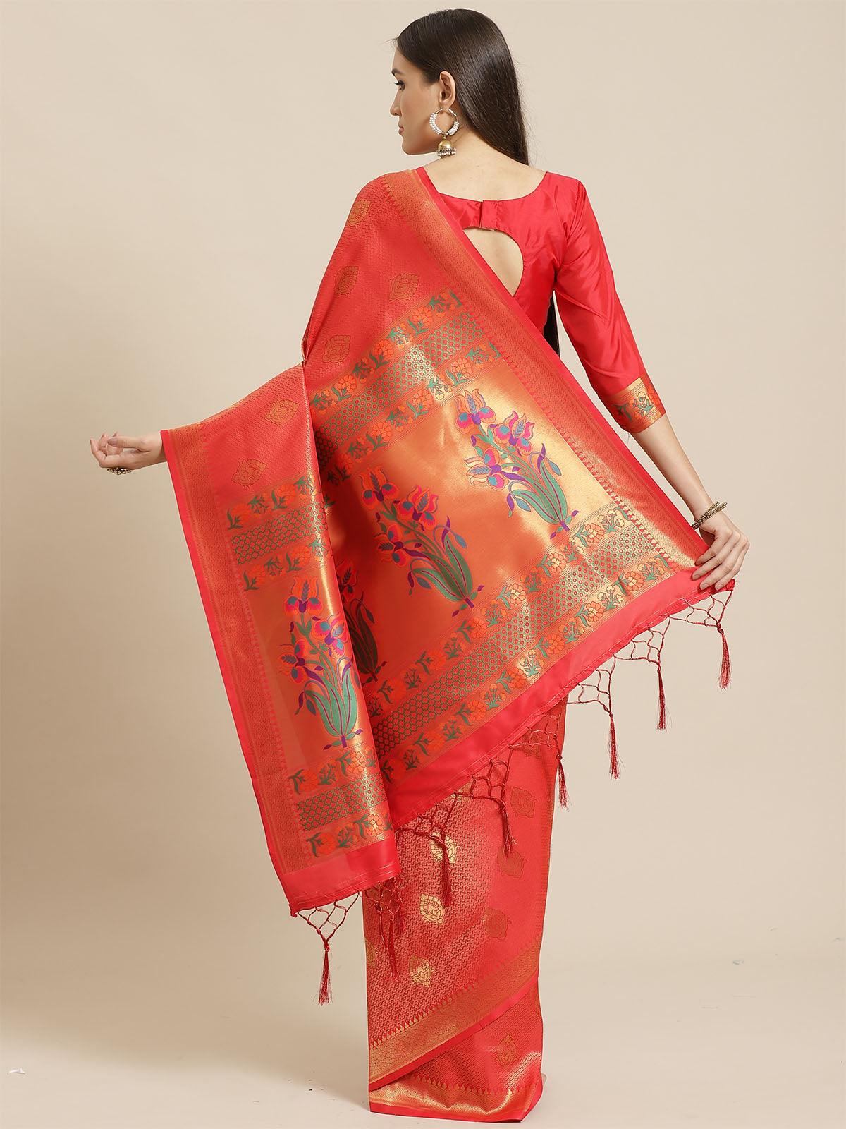 Red Festive Silk Blend Woven Saree With Unstitched Blouse - Odette