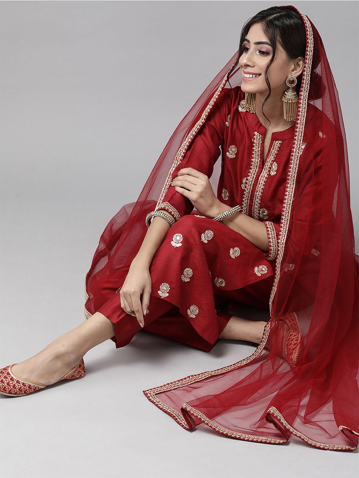 Red Floral Printed Straight Kurta Palazzo With Dupatta Set - Odette