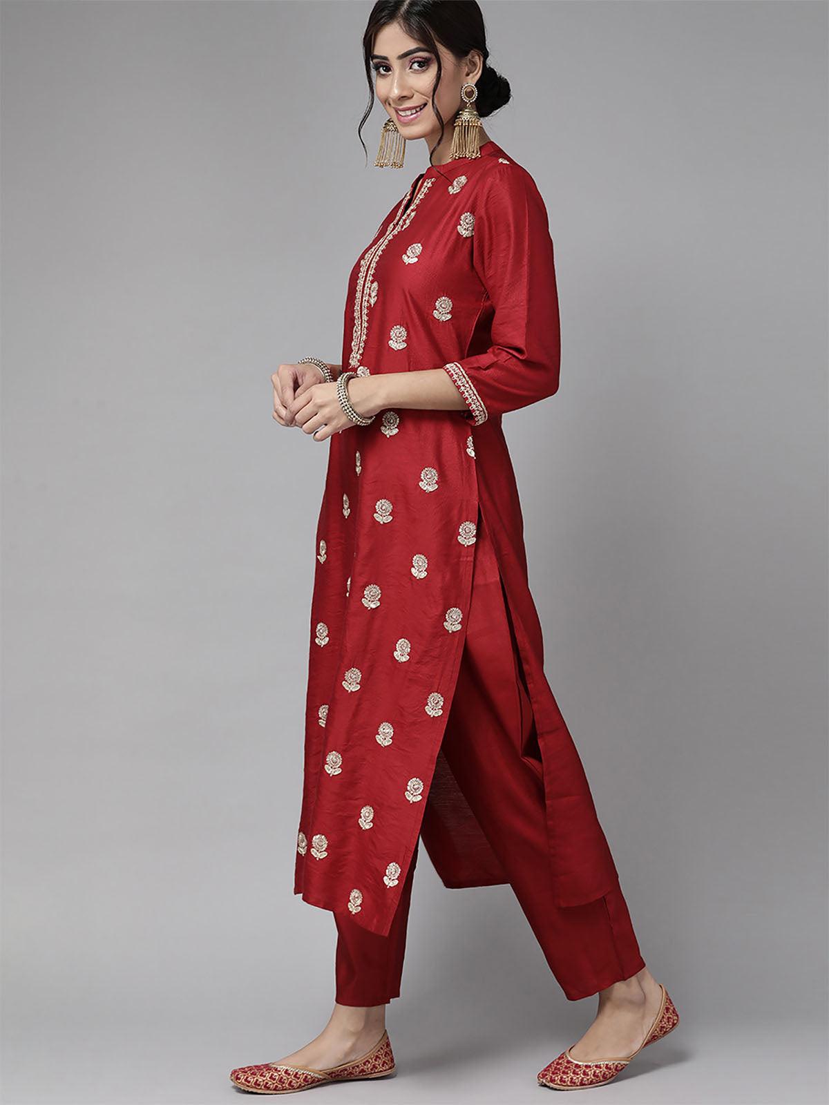 Red Floral Printed Straight Kurta Palazzo With Dupatta Set - Odette