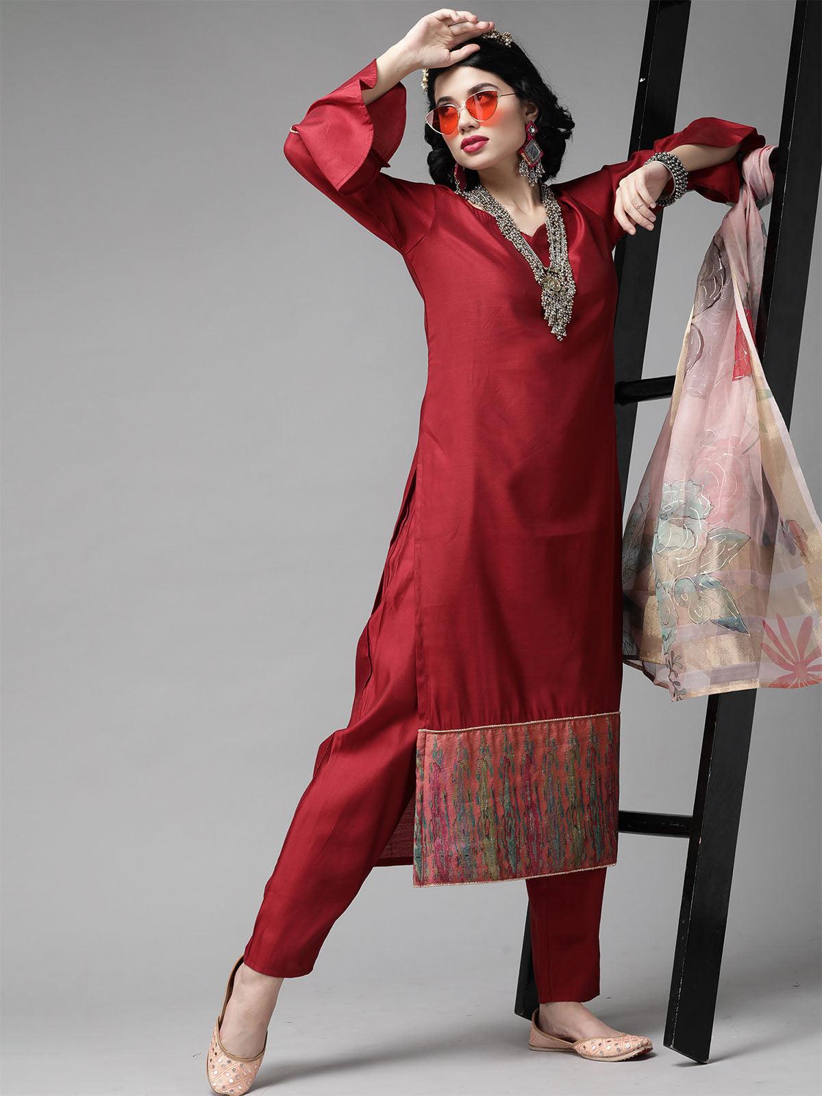 Red Foil Floral Printed Kurta Palazzo with Dupatta Sets - Odette
