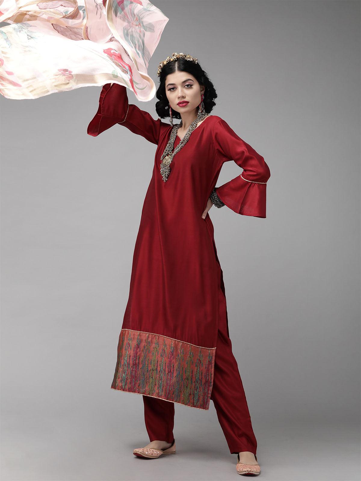 Red Foil Floral Printed Kurta Palazzo with Dupatta Sets - Odette