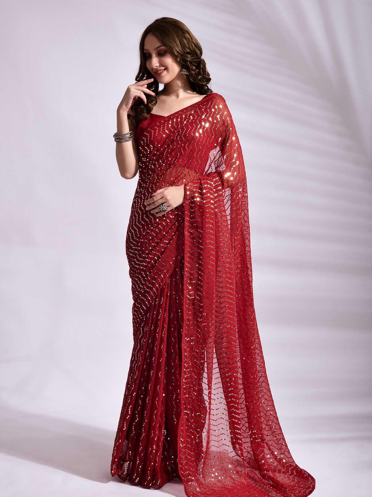 Red Georgette Sequence Saree With Blouse - Odette