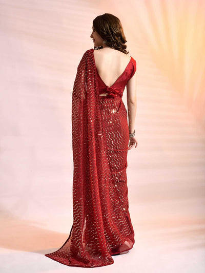 Red Georgette Sequence Saree With Blouse - Odette