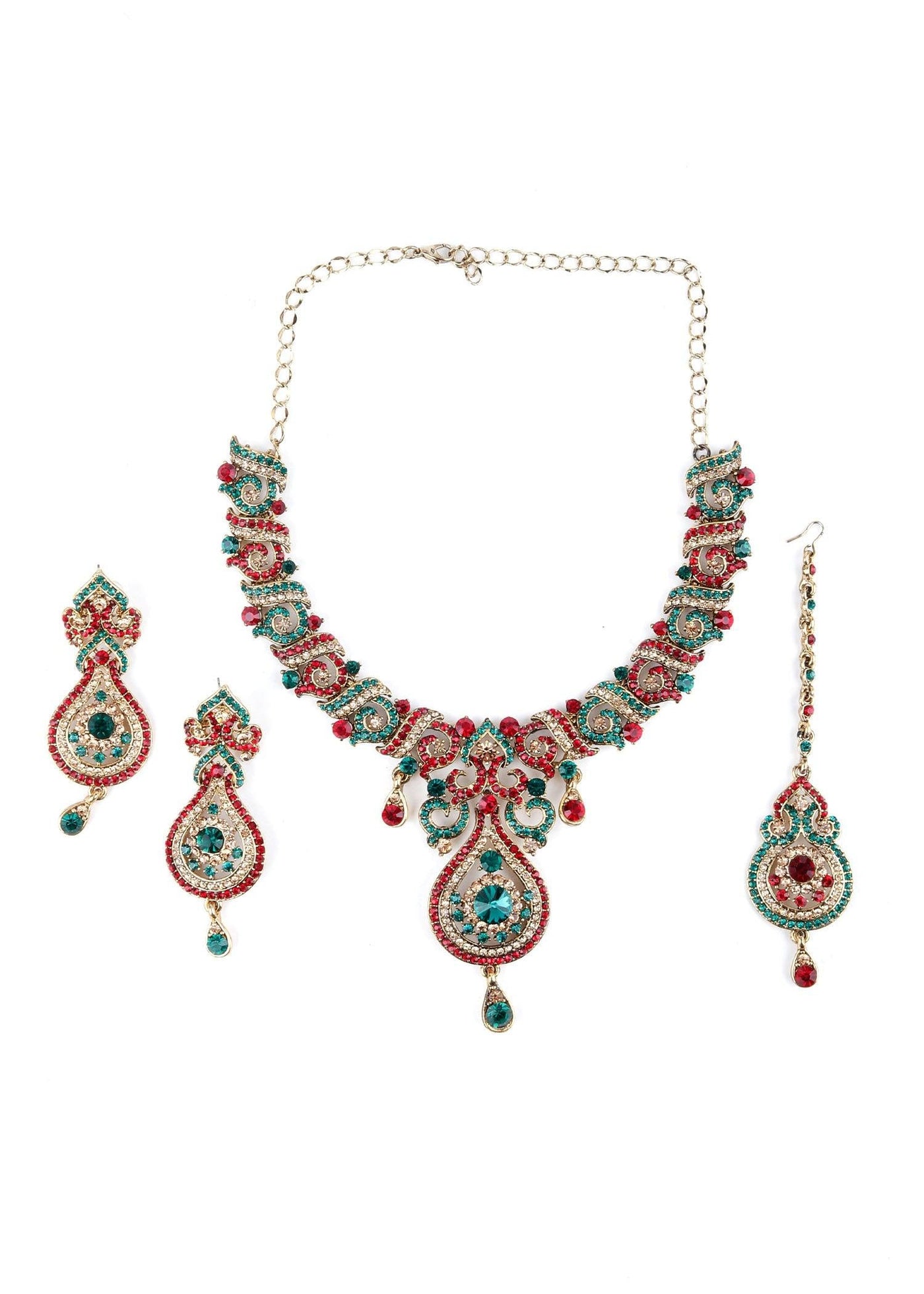 Red, Gold And Green Crystal Necklace Set - Odette