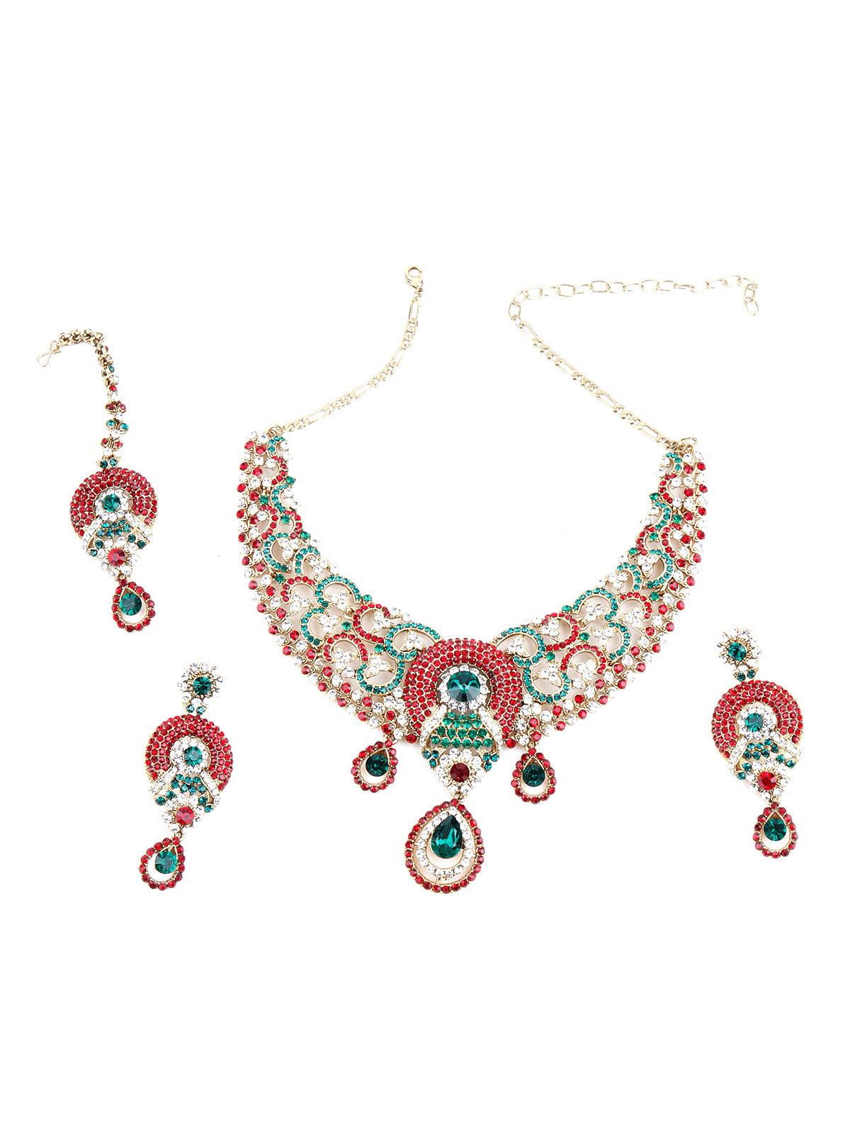Red Green Crystal Necklace Set - Odette
