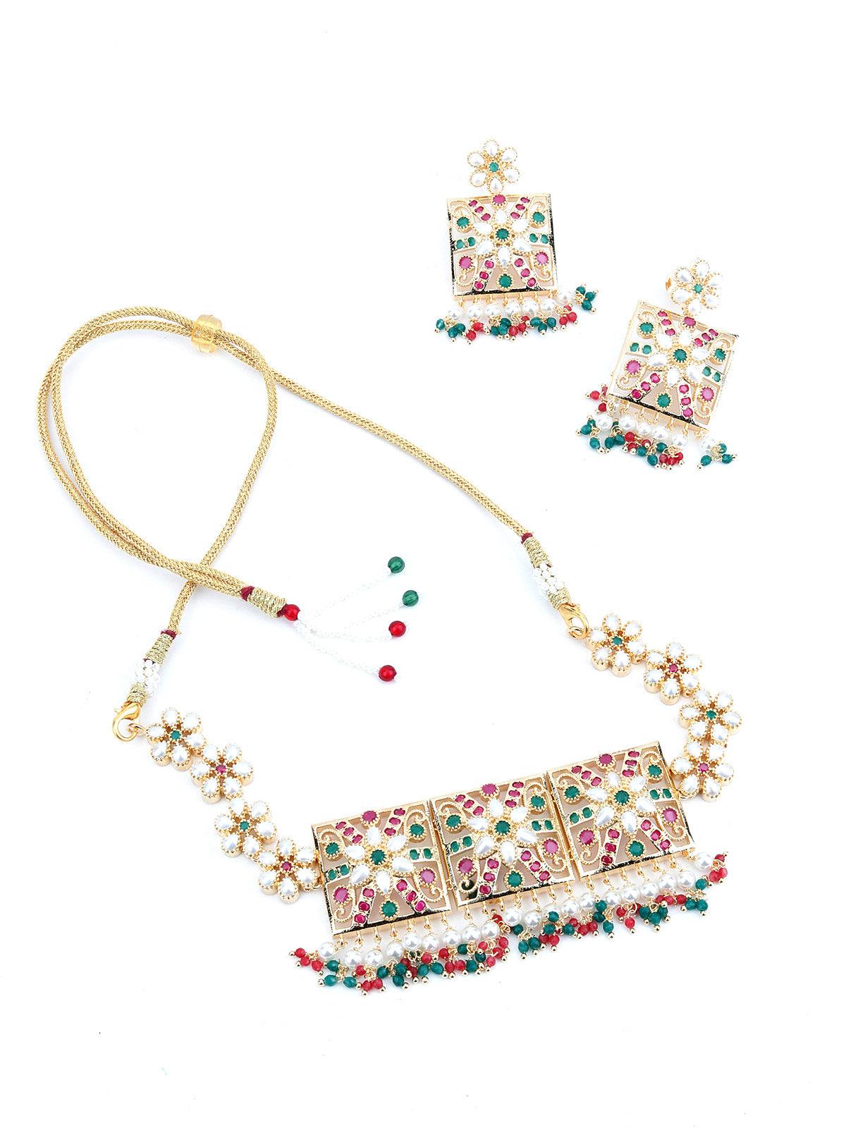 Red-Green Square Multicolour Choker Set - Odette