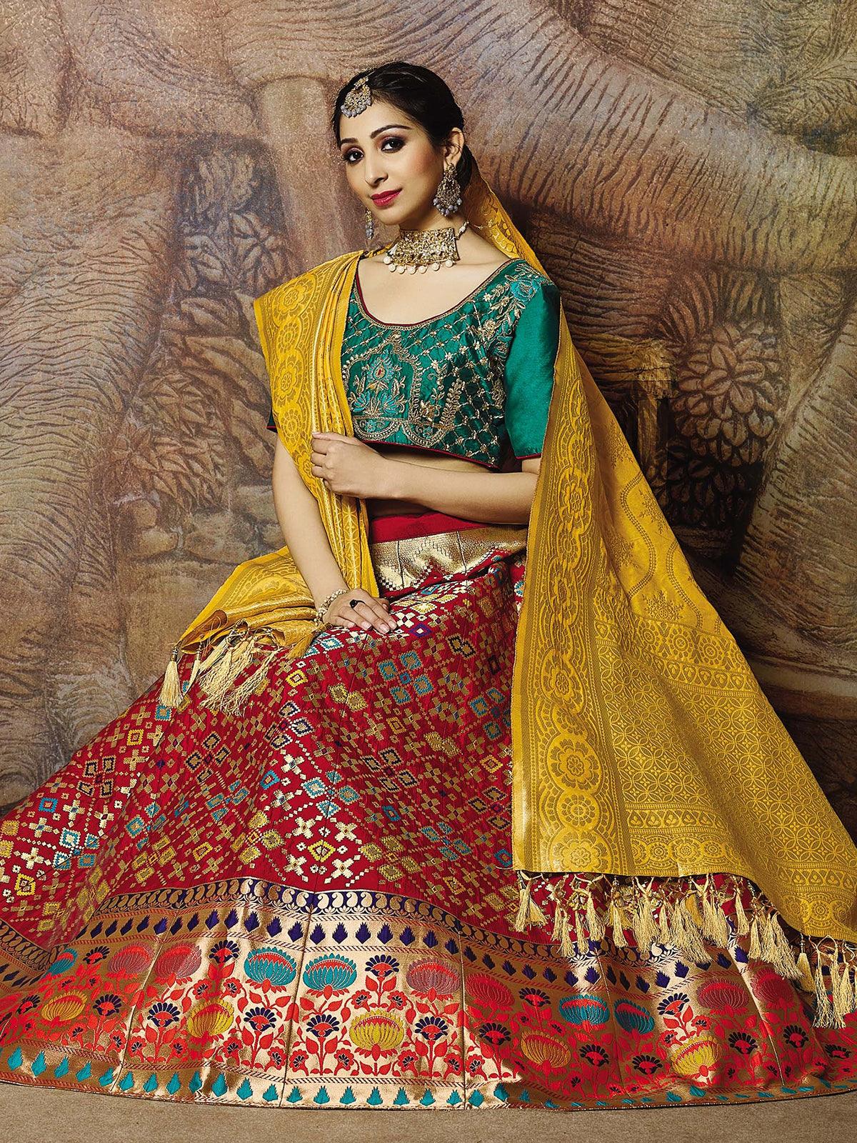 Red Jacquard weaved silk Designer Lehenga Choli. - Odette