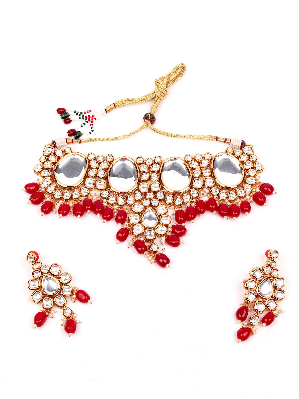 Red Onyx and Kundan Choker with Earrings - Odette