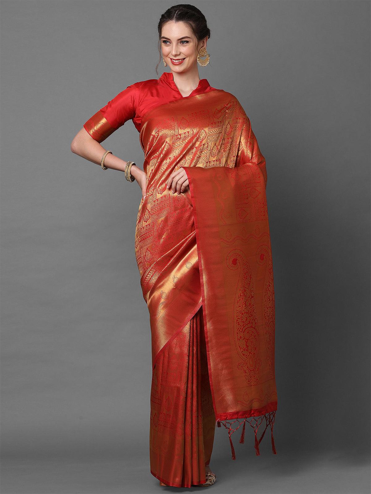 red Party Wear Kanjivaram silk Woven Design Saree With Unstitched Blouse - Odette