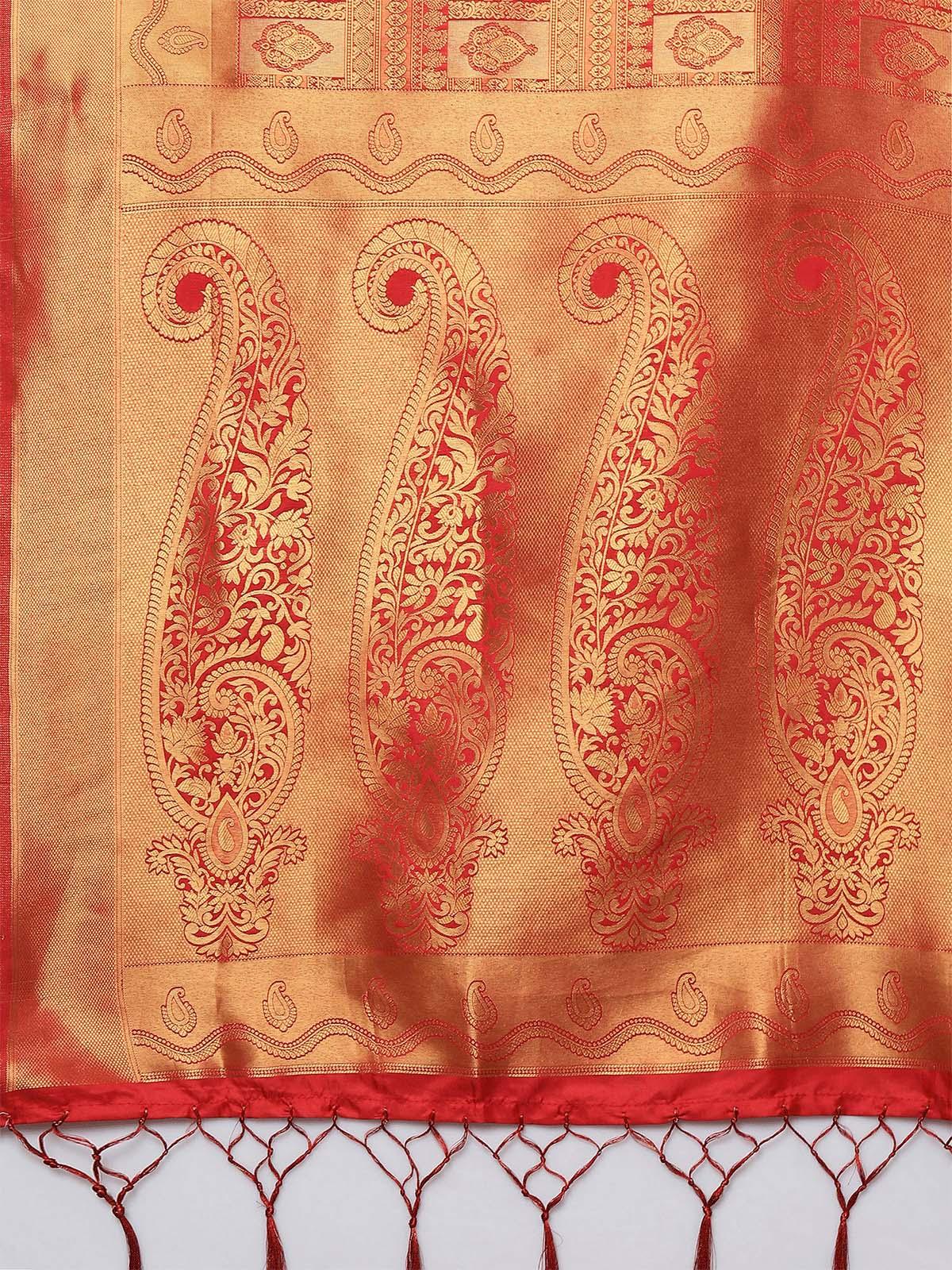red Party Wear Kanjivaram silk Woven Design Saree With Unstitched Blouse - Odette